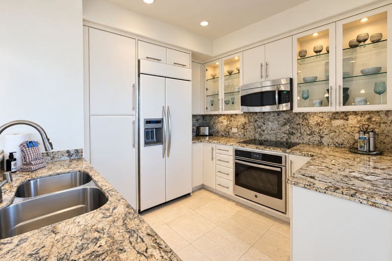 Fully equipped kitchen featuring a full size refrigerator, glass front display cabinetry, and granite countertops throughout.