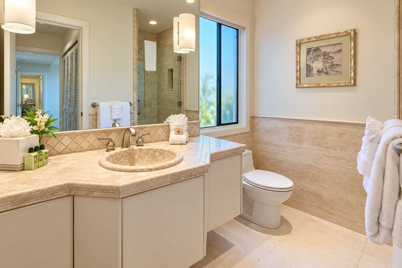 Guest bath with a marble tiled vanity and a walk in glass shower just beyond.