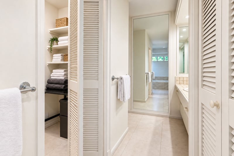 Linen storage closet with well appointed shelving, neatly stocked with plush towels for guest use.
