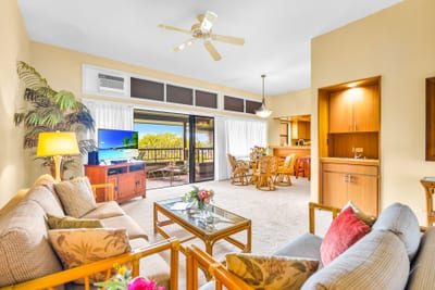 Cozy seating and natural light make this living space perfect for evening movies or board games.