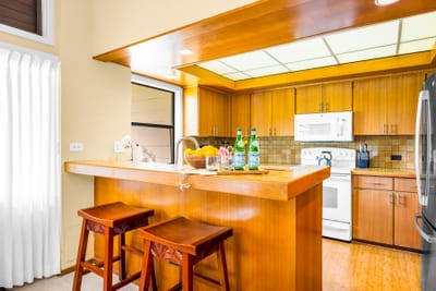 Bar seating bridges the kitchen and living areas for easy breakfasts and quick bites.