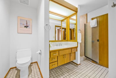 Granite counters and a roomy vanity provide plenty of space to get ready in the primary bath.