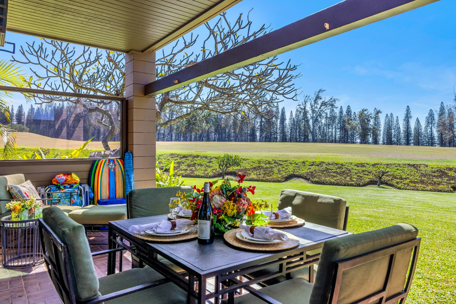 Covered lanai seating perfect for morning coffee
