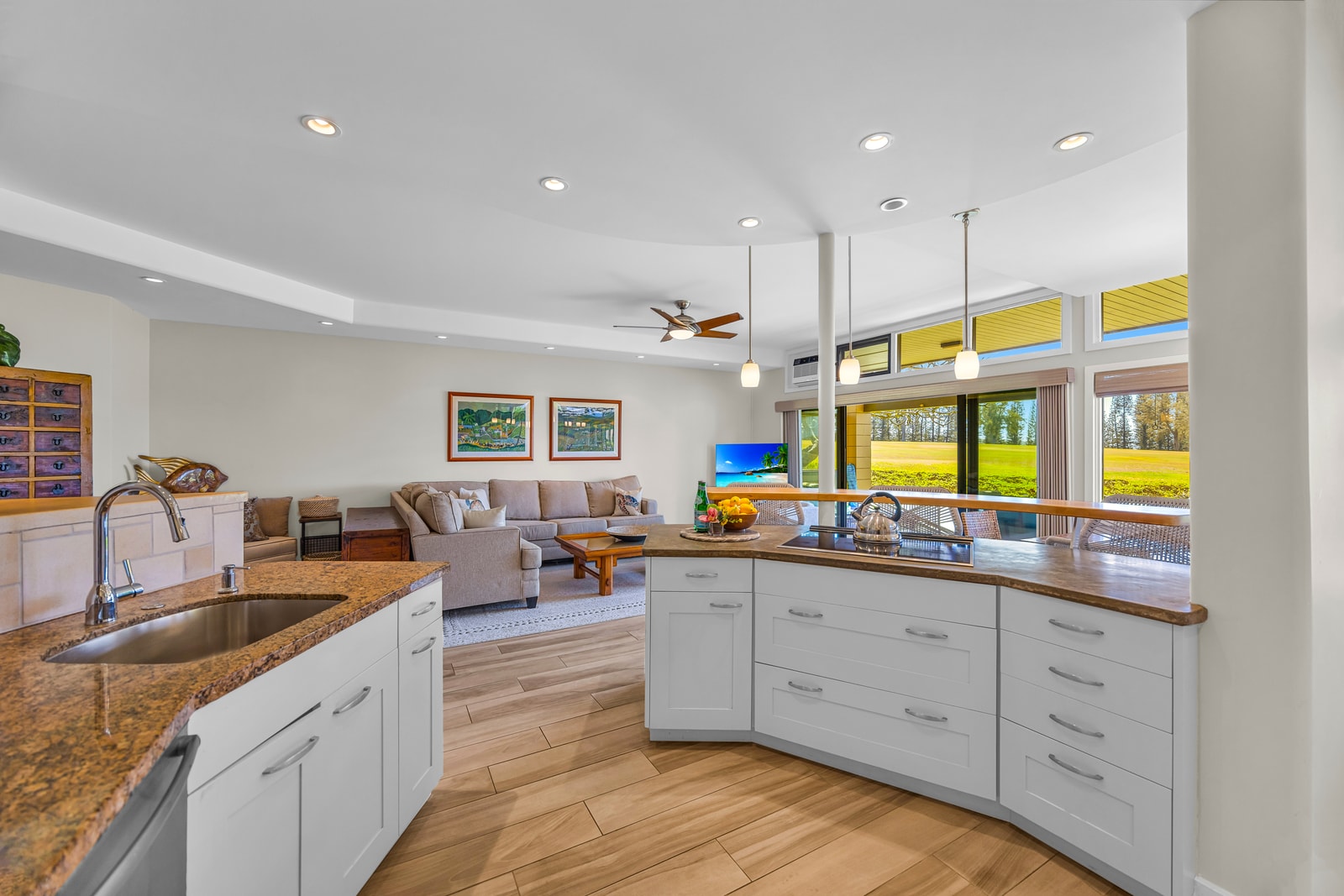 Modern kitchen with clean lines and island views