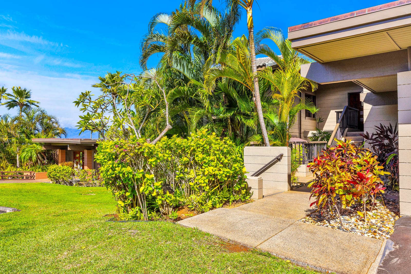 Manicured paths and lush plants frame your peaceful walk to the front door.
