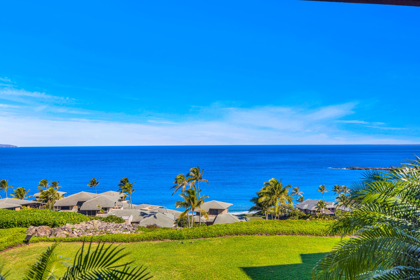 Enjoy wide ocean vistas framed by tropical trees and distant shoreline from this elevated vantage point.