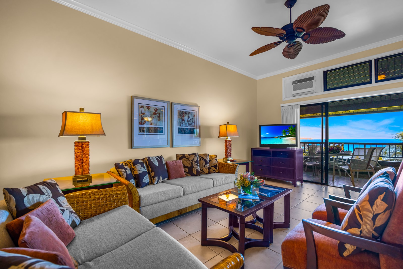 This inviting living room is ideal for movie nights or morning coffee with the doors open.