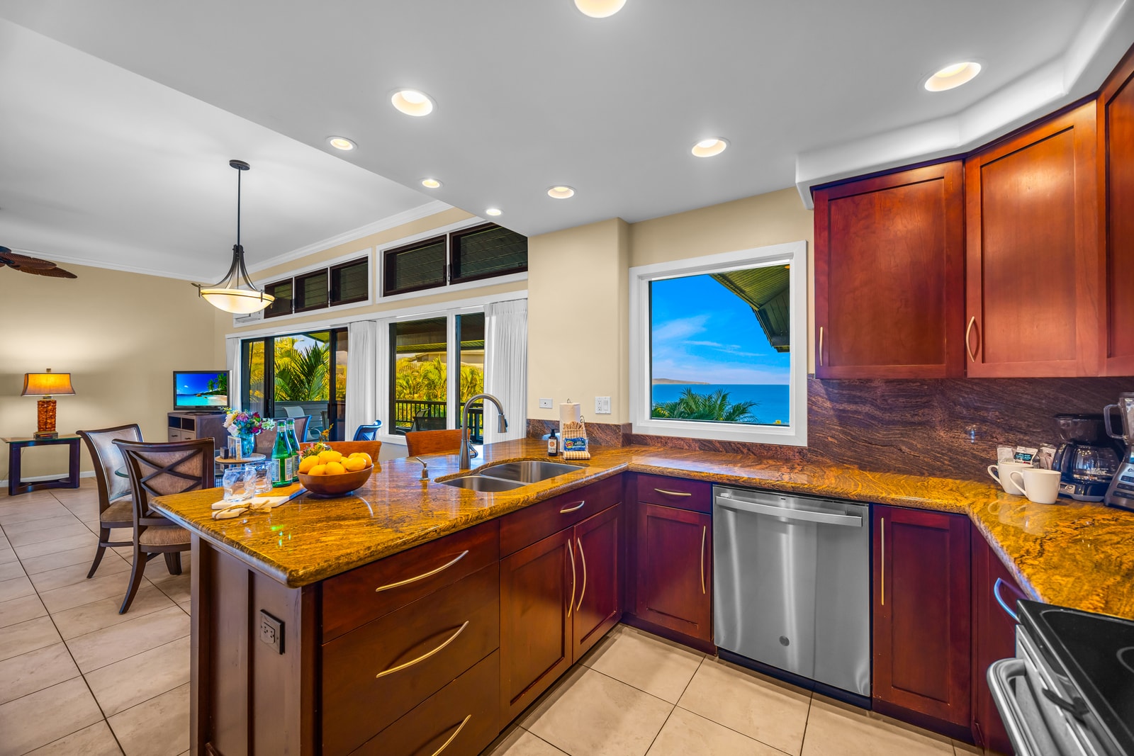 This spacious kitchen includes full-size appliances and plenty of prep space for easy cooking.