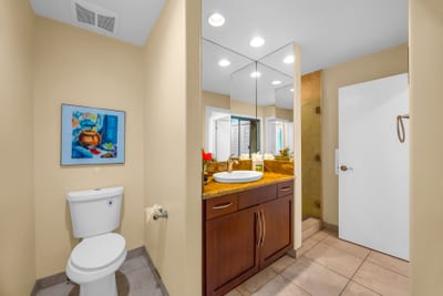 Your guest bath includes a full shower, toilet, and granite sink with modern fixtures.