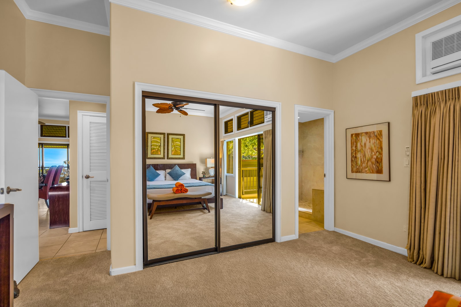 The mirrored closet and soft lighting make unpacking and settling in easy.