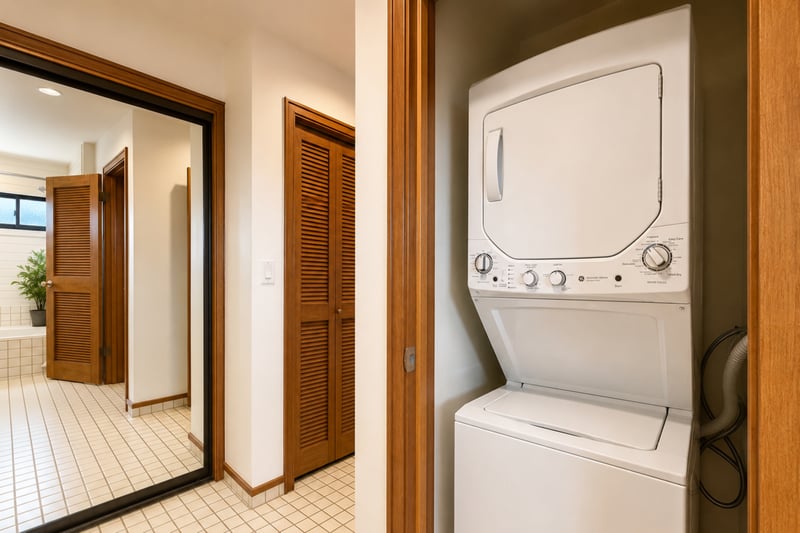 Full-size in-unit laundry off the bathroom hallway