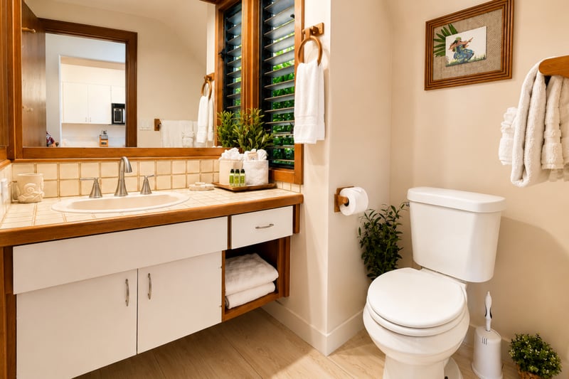 Second bathroom with vanity, toilet and tiled finishes