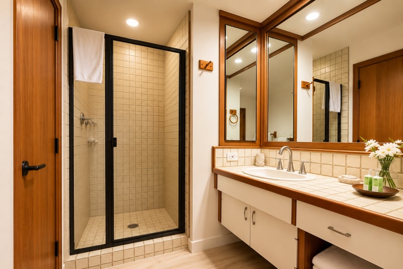 Walk-in glass shower and vanity in the full bath