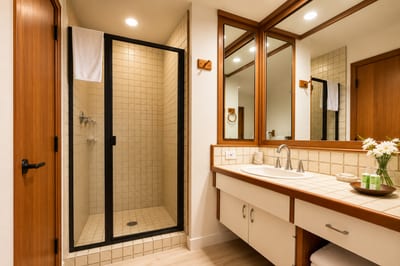Walk-in glass shower and vanity in the full bath