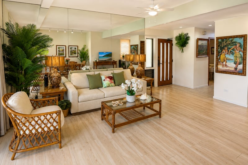 Bright open living room with island-inspired decor