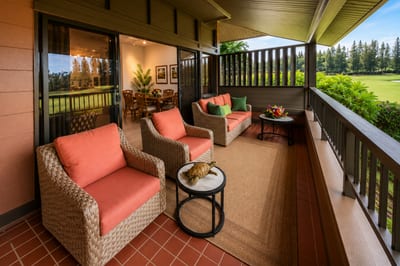 Covered lanai lounge seating overlooking the golf course