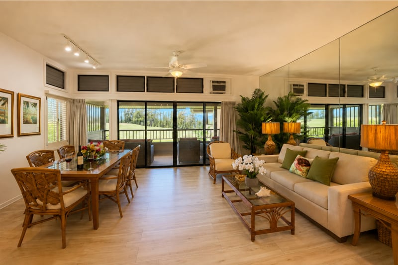 Spacious great room flowing to dining and lanai