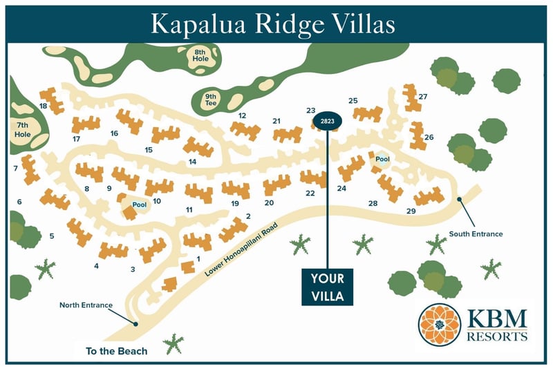 Resort map at Kapalua Ridge Villas — Villa 2823 sits near buildings 21-25, close to the pool and golf course KRV-2823