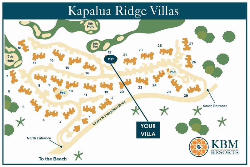 Resort map at Kapalua Ridge Villas — Villa 2912 sits near buildings 12-25, close to the pool and golf course KRV-2912