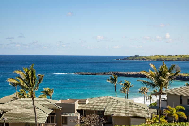 Breathtaking coastal panorama with turquoise waters and swaying palm trees.