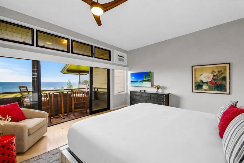 The king bed, luxurious linens, and a private lanai make this bedroom a sanctuary KRV-311