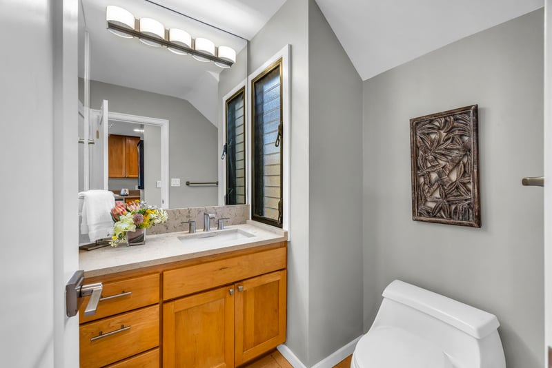 The well lit guest bath is the perfect place for your guests to get ready