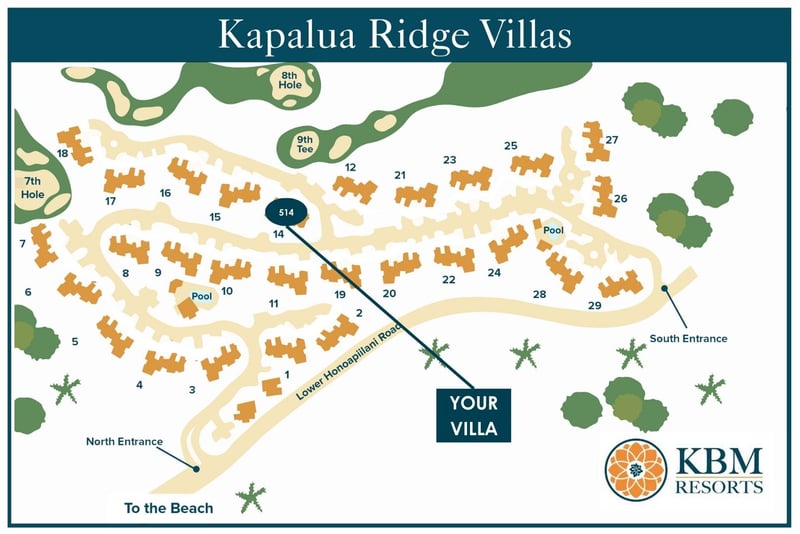 Resort map at Kapalua Ridge Villas — Villa 514 sits among buildings 10-11 near the villa pool KRV-514