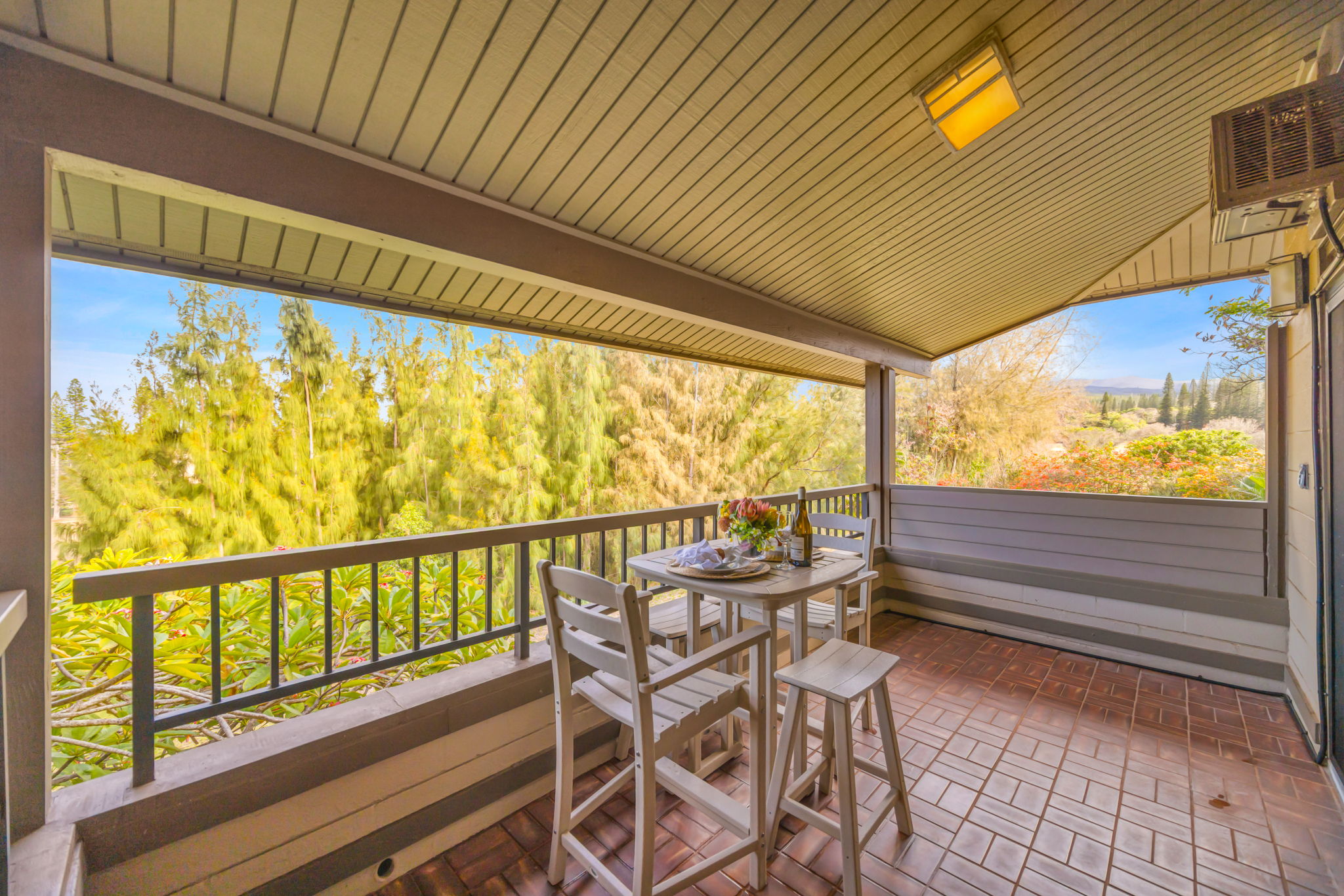 Shaded wraparound lanai with ample seating and open green space beyond.