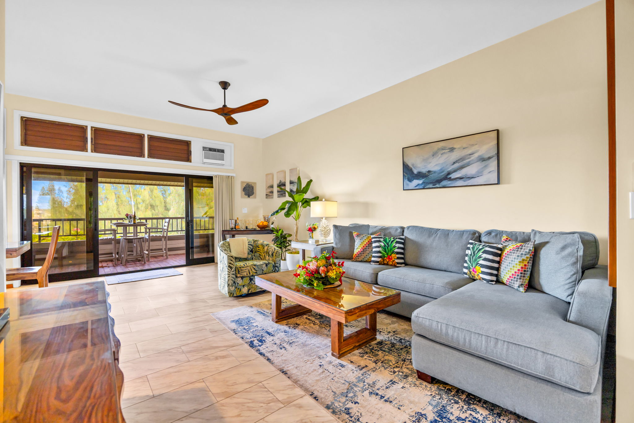 Sofa sleeper and Smart TV make this open-plan living area perfect for movie nights.