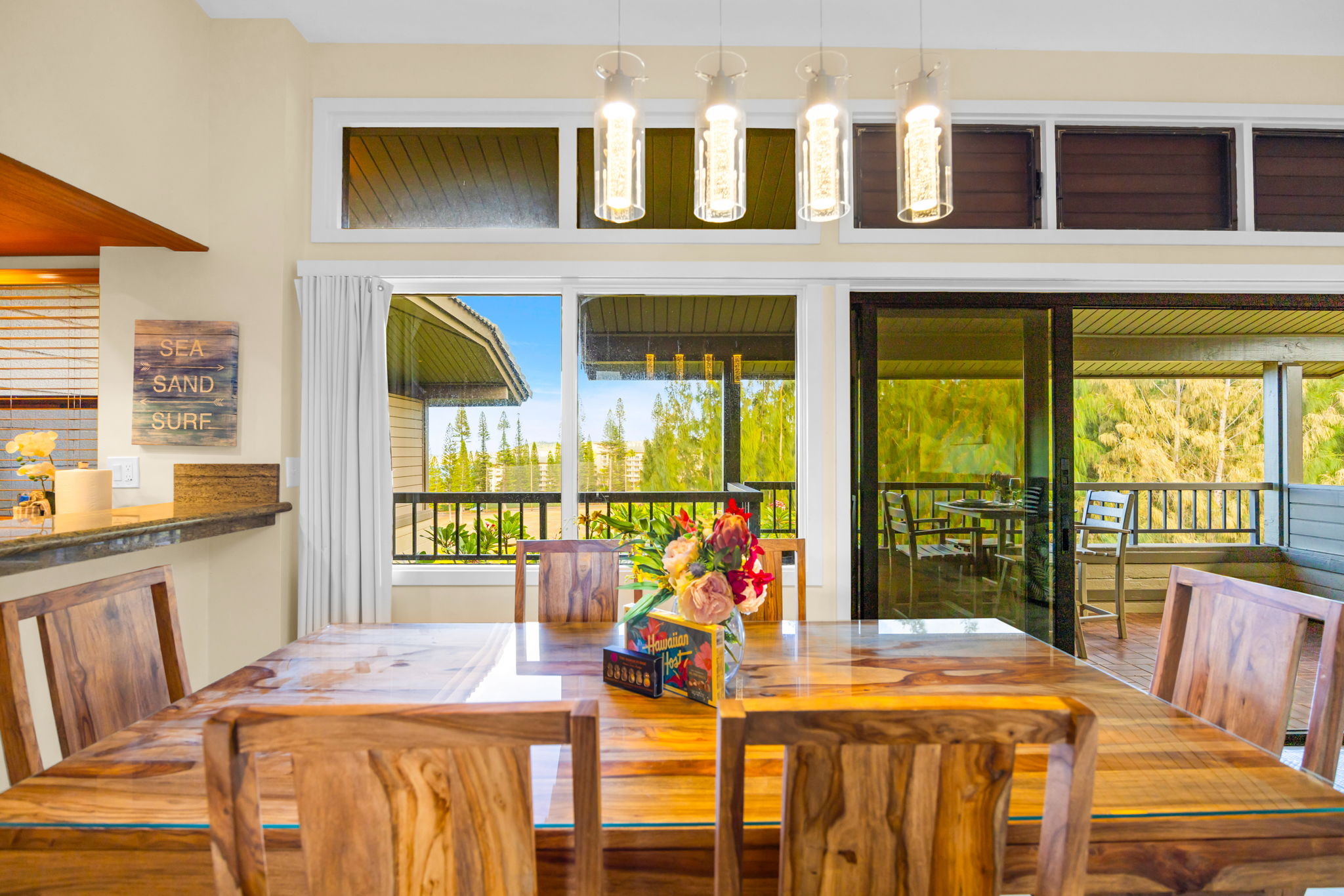 Garden and partial ocean views from your indoor dining area.