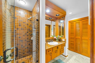 Guest bath with walk-in shower and stylish wood cabinetry.