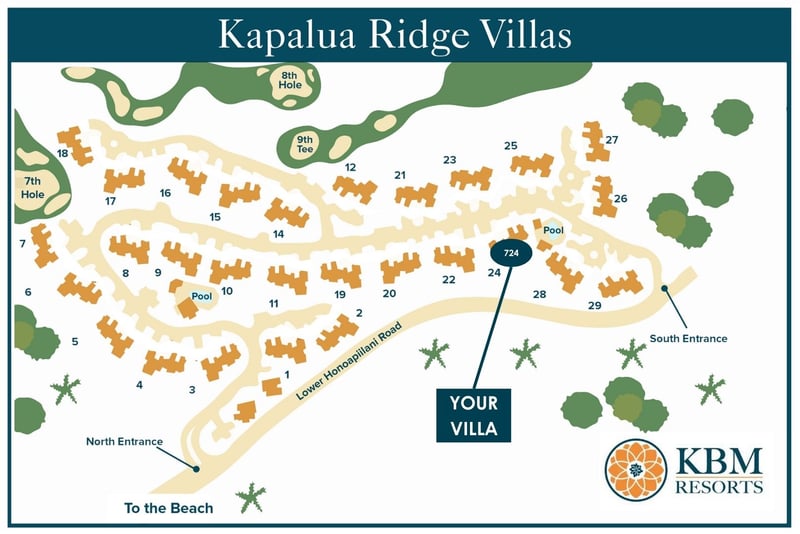 Resort map at Kapalua Ridge Villas — Villa 724 sits among buildings 10-11 near the villa pool KRV-724