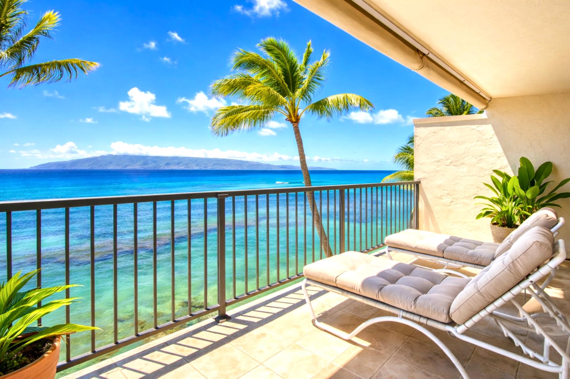 Settle into cushioned seating on your lanai and watch the horizon shift from bright blue days to glowing sunsets.