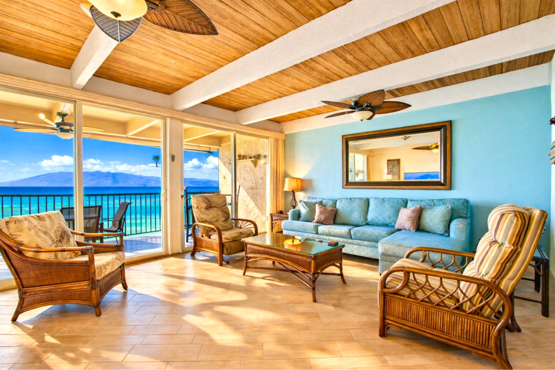 Your open concept living area brings keeps the whole group together, while enjoying the beautiful Hawaiian views.