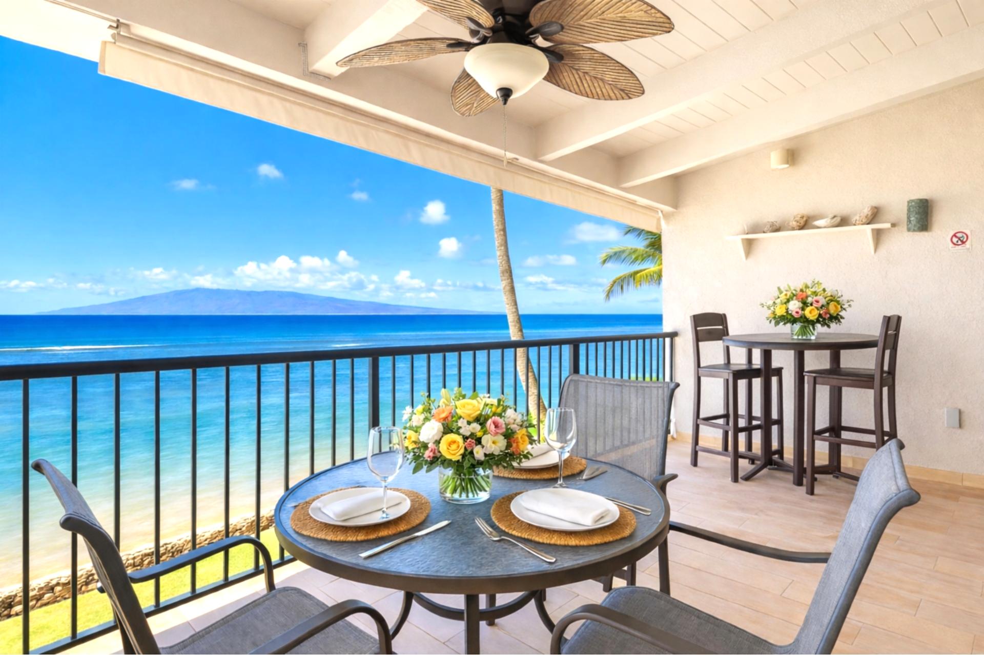 Sip morning coffee on your covered lanai, with front row ocean views and space for sunset dinners steps from your living room.