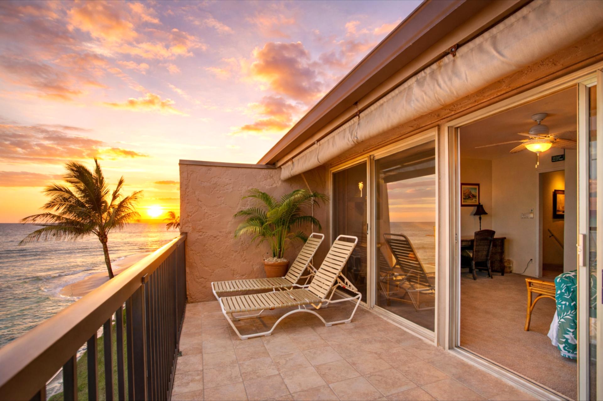 Your covered lanai offers shaded seating and sunset views, creating a comfortable outdoor retreat any time of day.