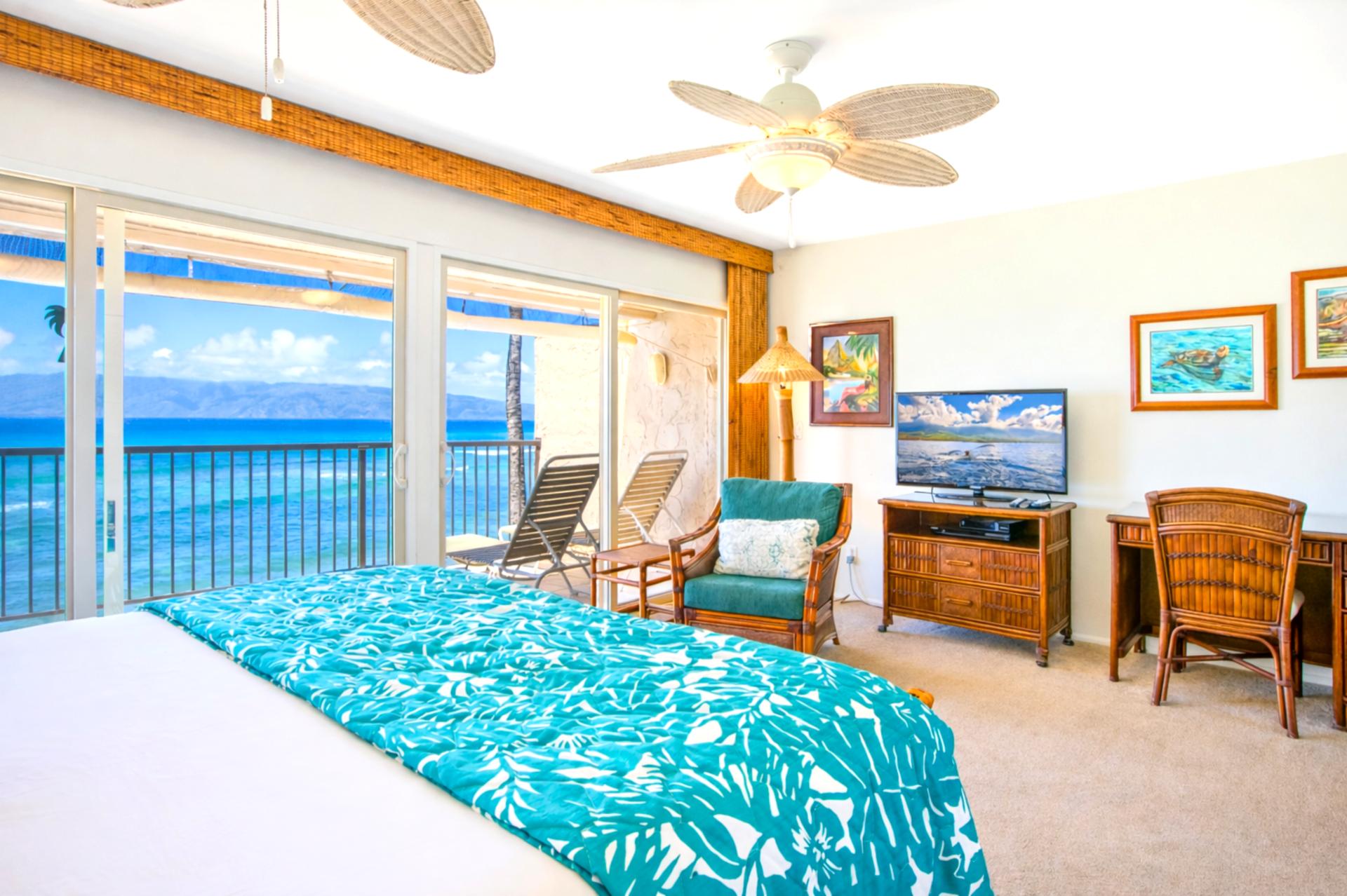 Ocean views greet you from your bedroom, where sliding glass doors open directly to your spacious lanai.