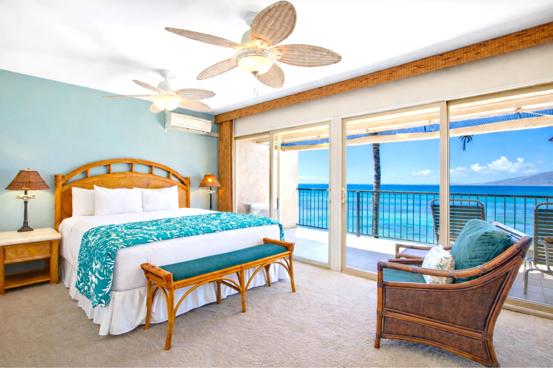 Wake to panoramic ocean views from your Master Bedroom, with direct access to the lanai for sunrise coffee.