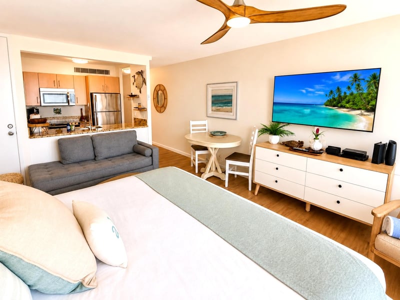 The living space features a comfortable seating area and dining for two MAH-1002