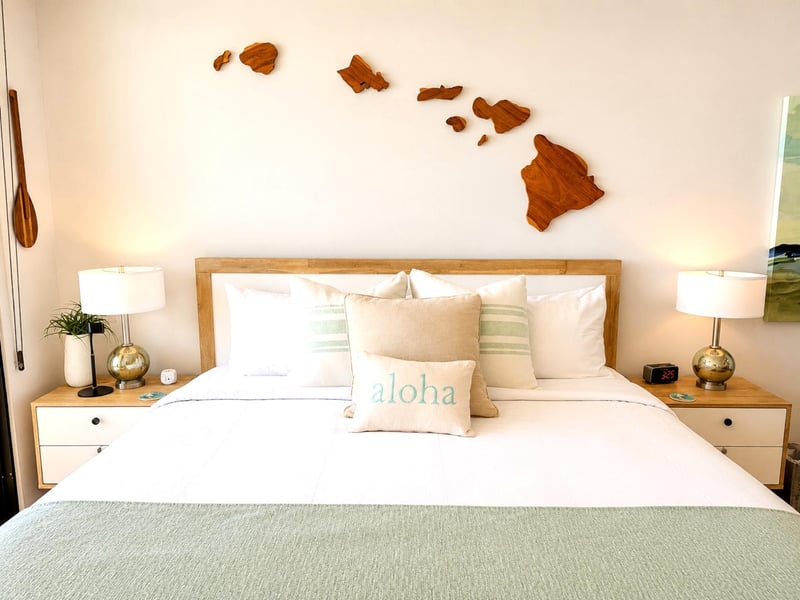 The comfortable king size bed features luxury hotel linens for a restful sleep MAH-1002