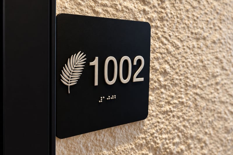 Entry placard with raised numerals and a palm frond motif beside the front door frame MAH-1002