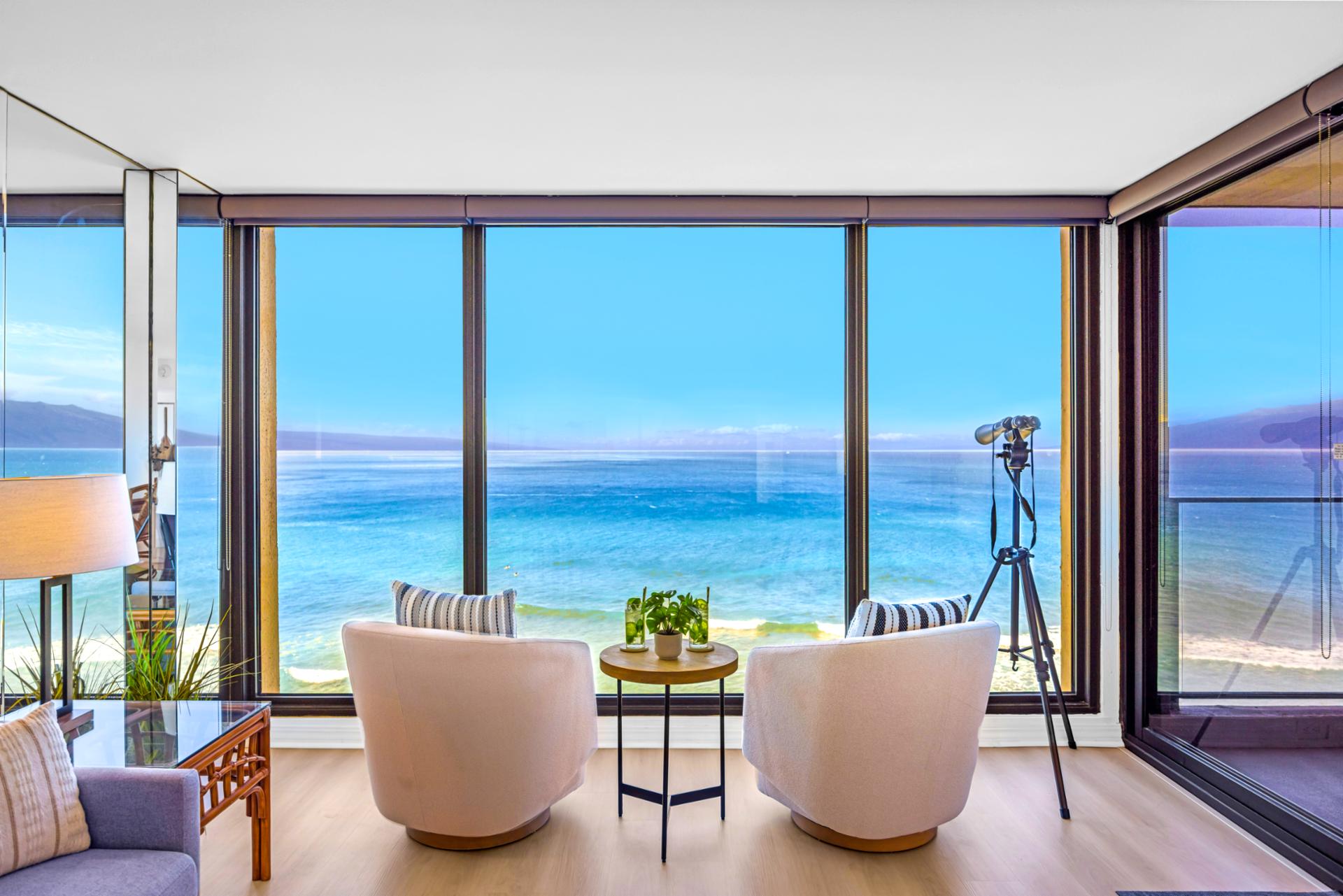 Share breakfast on the lanai table while trade winds roll in and the ocean stretches wide below.