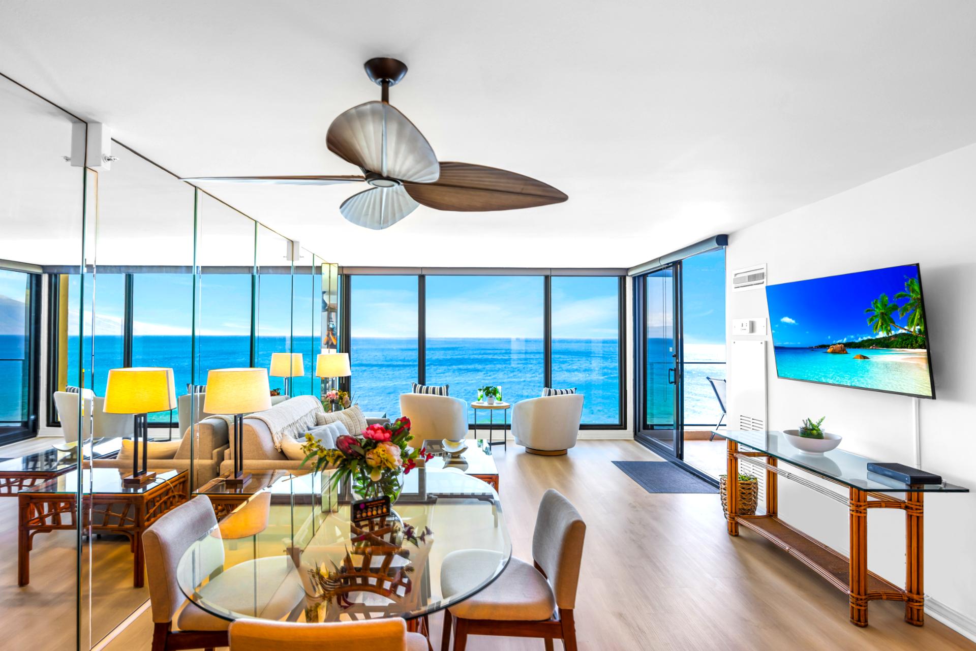 Dine by the windows with the Pacific as your centerpiece, a beautiful setting for takeout or home cooked meals.