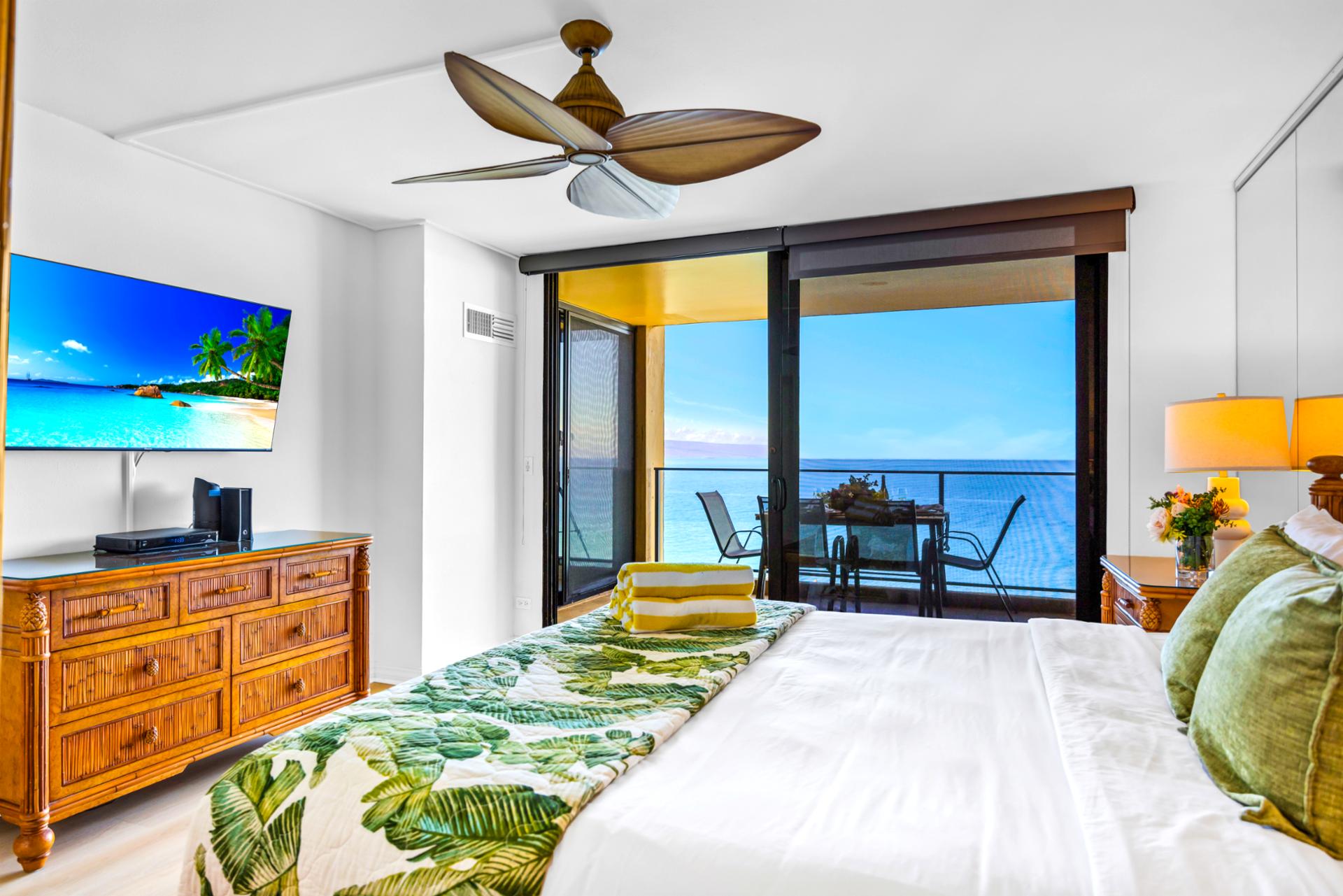 Wake up to blue water and island skies from your bedroom, with a spacious King bed dressed in crisp linens.