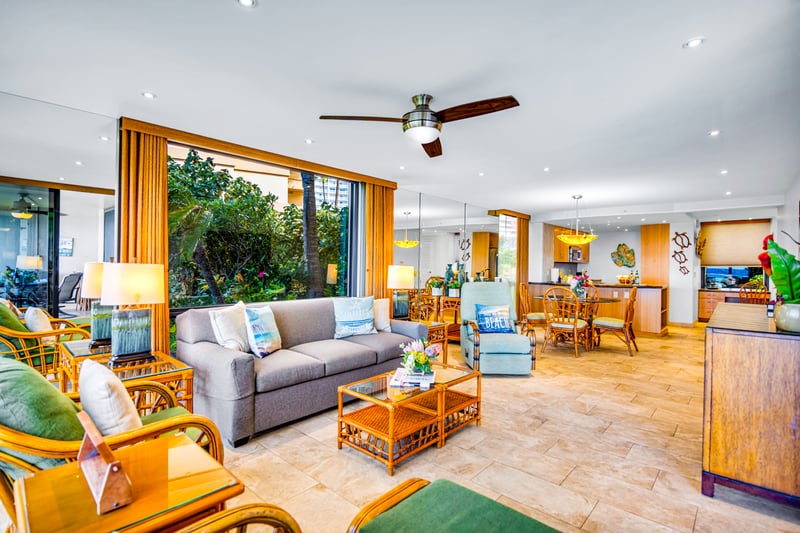 Open layout connects lounging, dining, and ocean-view living for seamless vacation comfort.