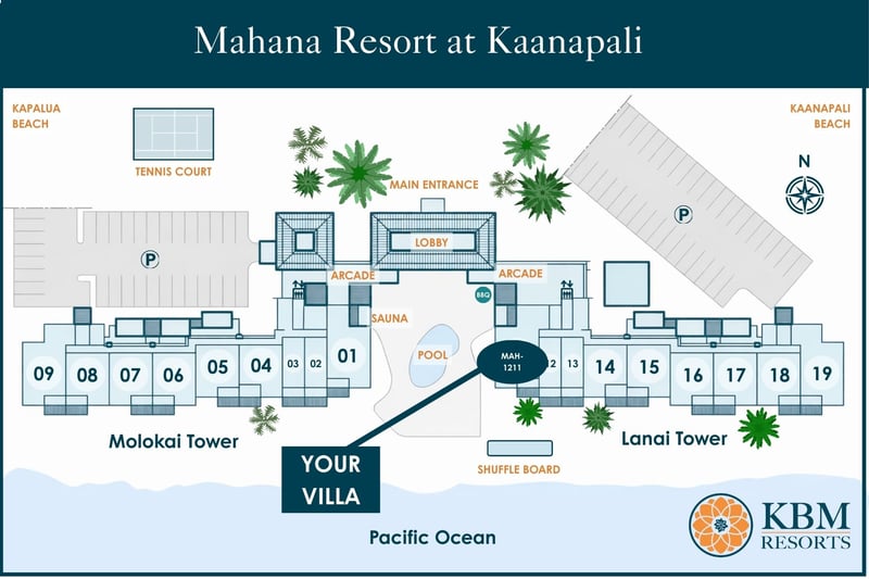 Resort map at Mahana Resort at Kaanapali — Villa 1211 in the Lanai Tower is steps from the pool and Kaanapali Beach