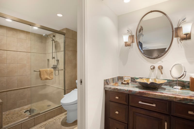 Even the toilet feels like royalty here, nestled beside framed art and a spa shower that deserves applause