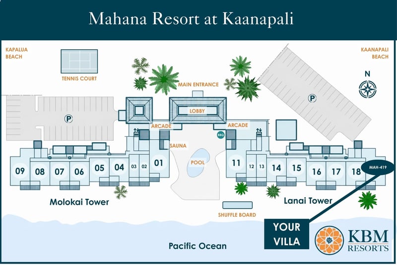 Resort map at Mahana Resort at Kaanapali — Villa 419 is steps from the pool and Kaanapali Beach