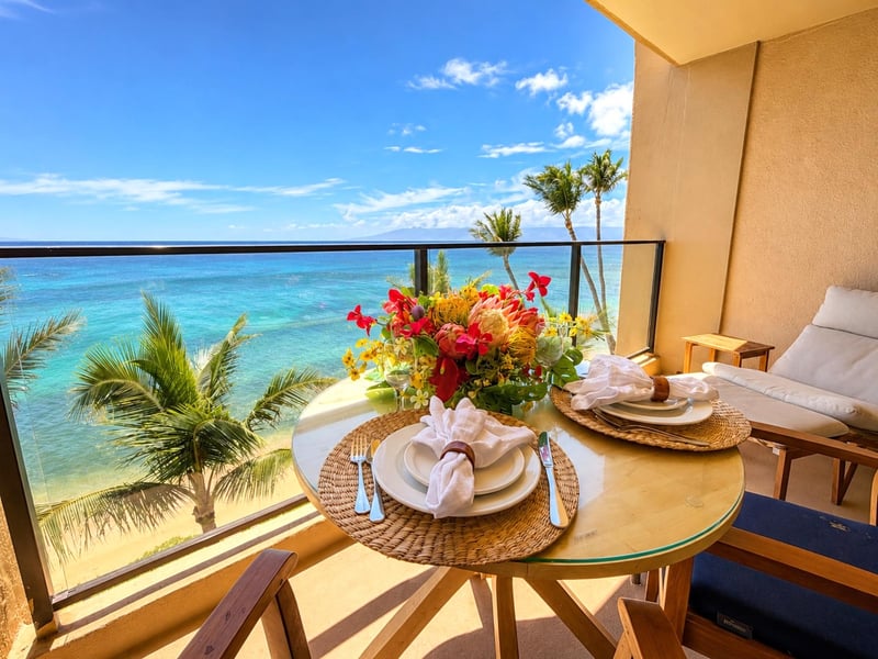Morning coffee and breathtaking beachfront views from your private lanai