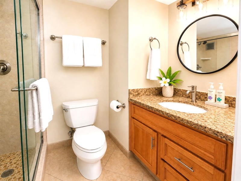 Spacious bathroom with granite vanity and ample counter space MAH-502